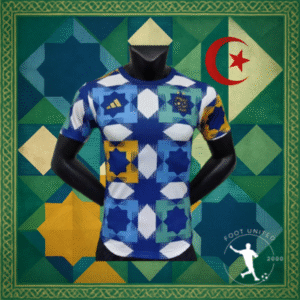 Maillot concept Algérie moderne avec motifs graphiques. Design unique, couleurs revisitées, tissu technique. Pour les fans de foot et de style algérien.
