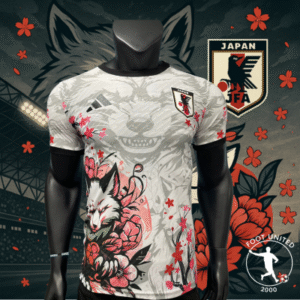 Maillot concept équipe du Japon 2024, design loup manga avec motifs fleurs de cerisier (sakura), création unique, édition limitée disponible chez FootUnited2000.