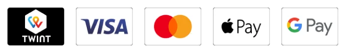 Paiements acceptés : Visa, Mastercard, Amex, PayPal, TWINT, Apple Pay, Google Pay